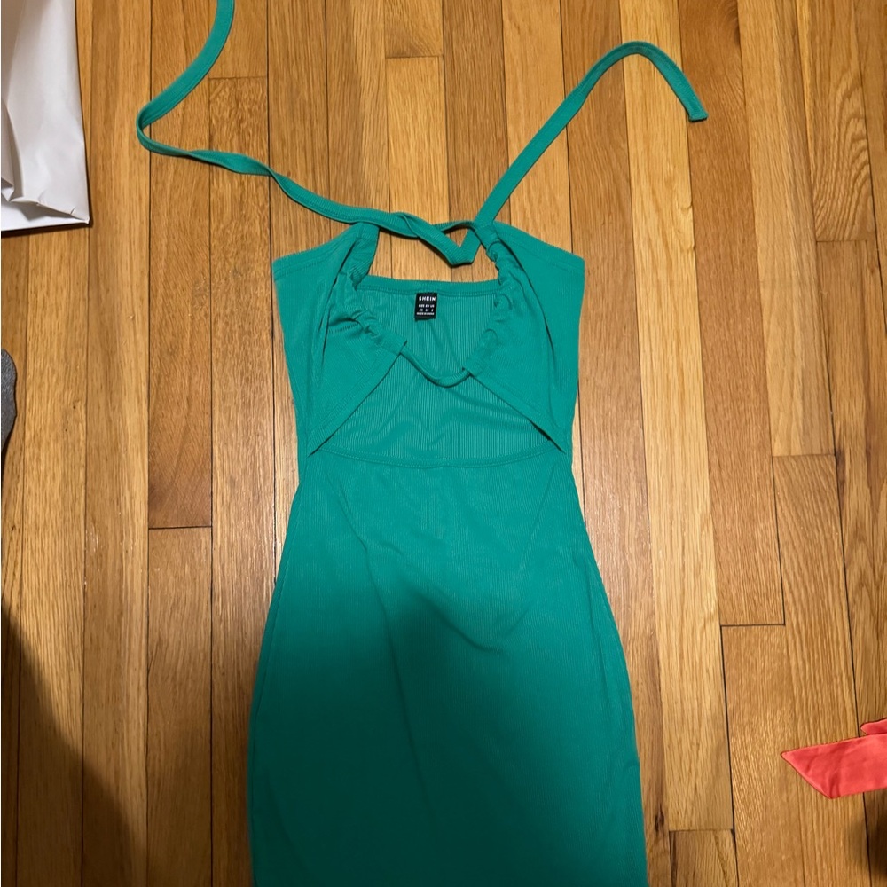 Green halter neck dress